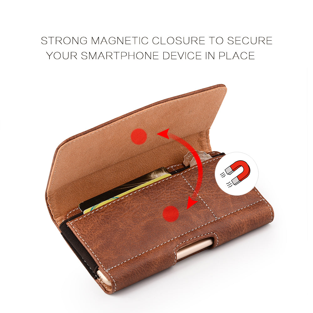 For Apple iPhone 16 Pro (6.3") Universal Horizontal Cell Phone Leather Pouch Holster Carrying Case with Credit Card Slots & Belt Clip Loop Cover [Brown]