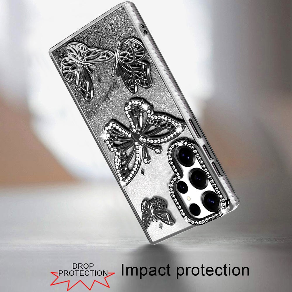 Phone Case for Samsung Galaxy S23 Ultra Butterfly Freedom Shimmer Glitter Thick TPU Shockproof Anti Slip Durable Protective Design Cover
