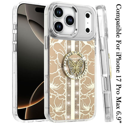 For Apple iPhone 17 Pro Max (6.9") Diamonds 3D Butterfly Floral Design Bling Sparkly Glitter Hybrid Metal Fashion with Ring Stand Case Cover