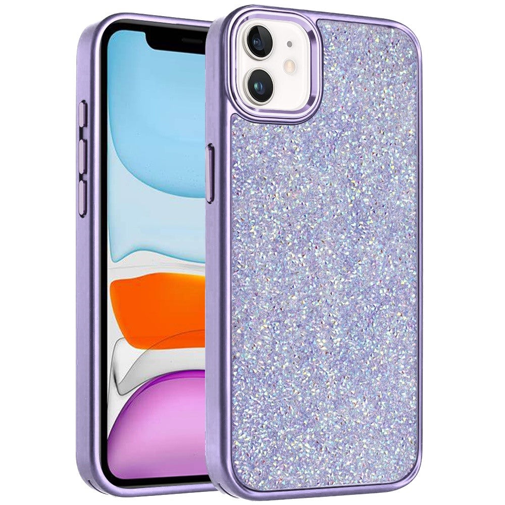 For Apple iPhone 11 Crystal Sparkle Diamond Glass Full Mini Glitter Bling Frame TPU Hybrid Protective Case Cover Dark Purple