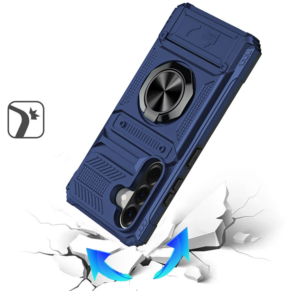 Phone Case for Samsung Galaxy A57 Multi Functional Card Slot Shockproof Metal Ring Hybrid Wallet Rugged Protective Grip Heavy Duty Durable Cover Blue