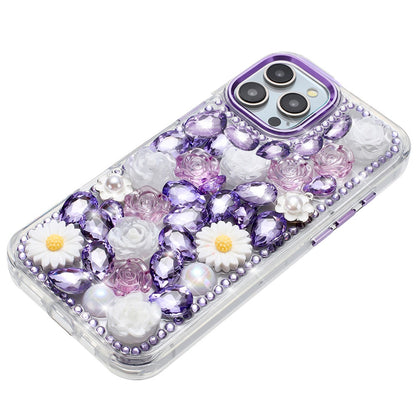 For Apple iPhone 15 Pro Max Fashion Daisy Floral Series, Full 3D Bling Crystal Diamonds Sparkling Rhinestone Glitter Hybrid Design Case Cover Purple