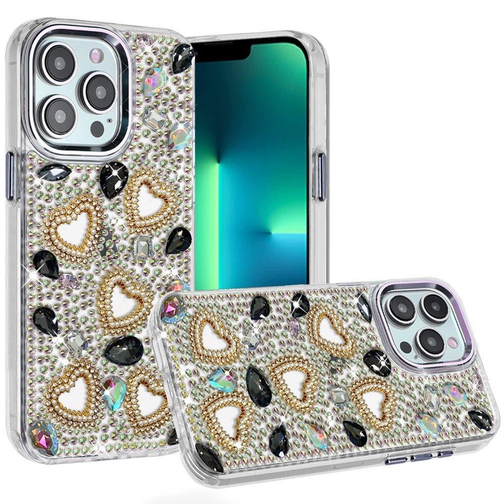 Phone Case for Apple iPhone 13 Pro Max Luxury Crystal Heart Rhinestone Diamond Bling Shockproof Hybrid Glitter Protective Stylish Durable Grip Cover