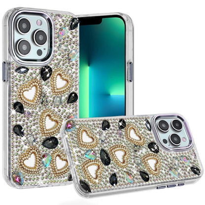 Phone Case for Apple iPhone 13 Pro Max Luxury Crystal Heart Rhinestone Diamond Bling Shockproof Hybrid Glitter Protective Stylish Durable Grip Cover