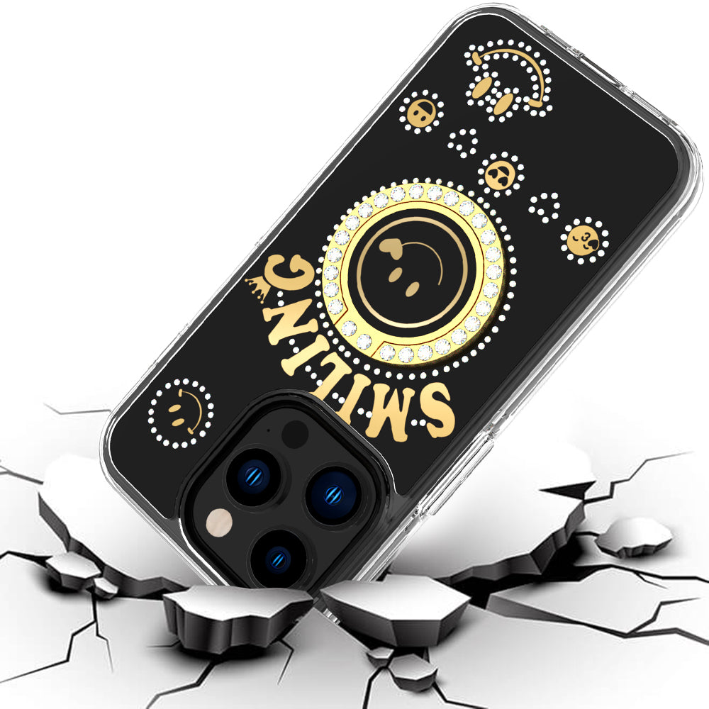 For Apple iPhone 17E /16E Smiling Glitter Bling Ornament Hybrid Shockproof Stylish Sparkle Design Secure Grip Durable Protection Case Cover Black