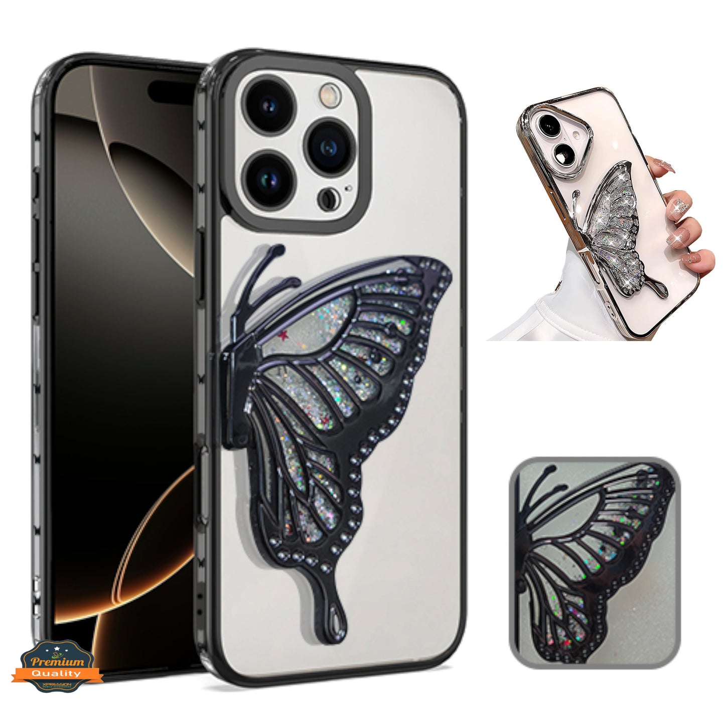 For Apple iPhone 16 Pro Max (6.9") Glitter 3D Butterfly Bling Luxury Electroplate Chrome Sparkle Liquid Flowing Plating Bumper Case Cover
