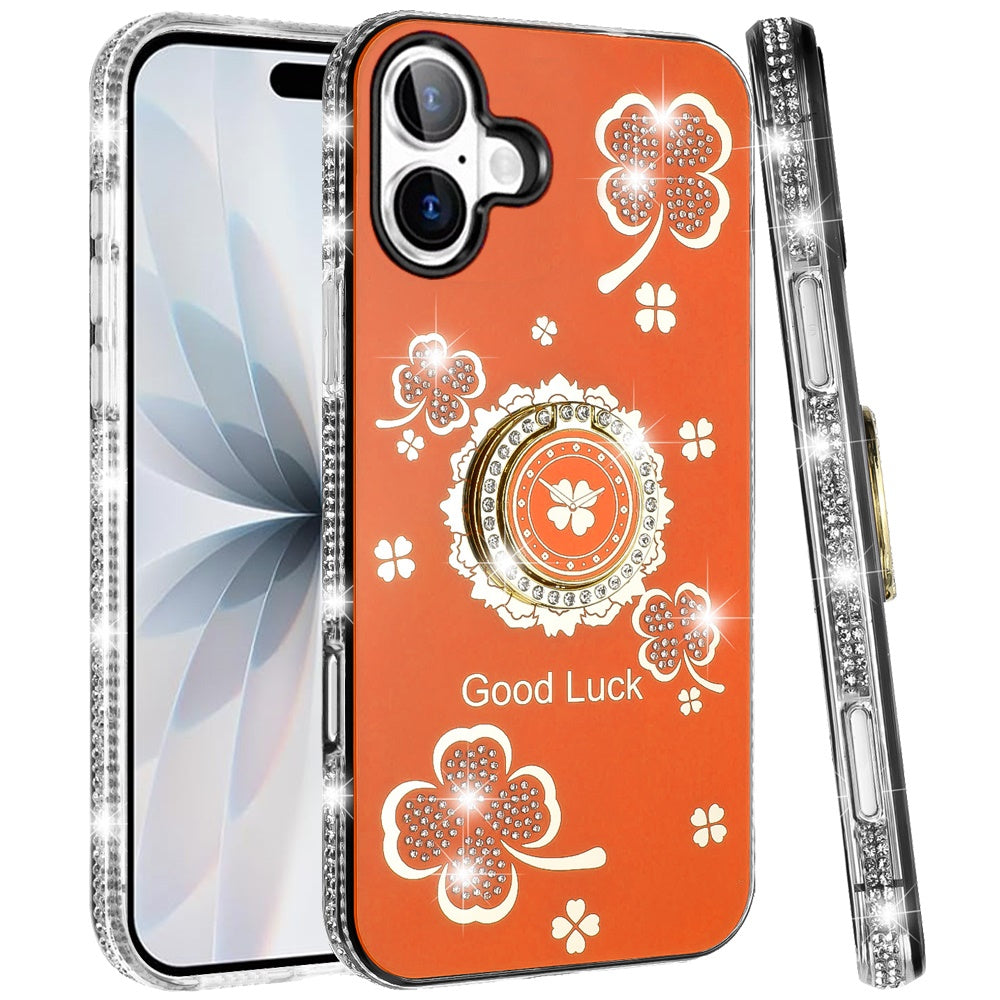 For Apple iPhone 17 (6.3") Diamonds Bling All Around Edges Sparkly Glitter Hybrid with Ring Stand Holder Fashion Good Luck Case Cover