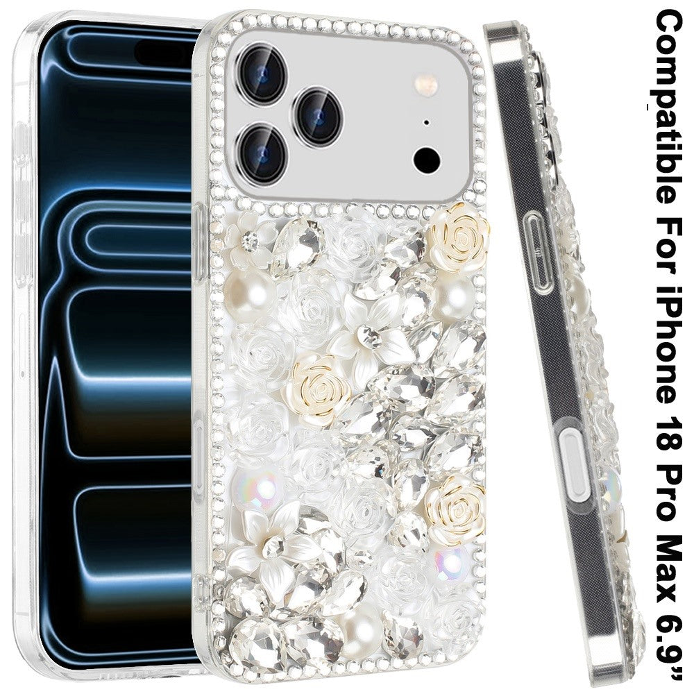 Phone Case for Apple iPhone 18 Pro Max/ 17 Pro Max Rose Flower Full Diamond Bling Rhinestone Glitter Luxury Stylish Sparkle Protective Designer Hybrid Cover