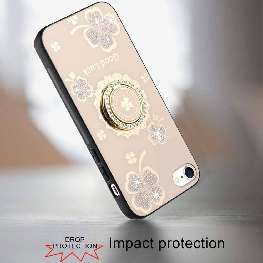 For Apple iPhone SE 4 Diamonds 3D Fashion Floral Bling Sparkly Glitter Ornaments Engraving Hybrid with Ring Stand Case Cover Gold Good Luck Floral