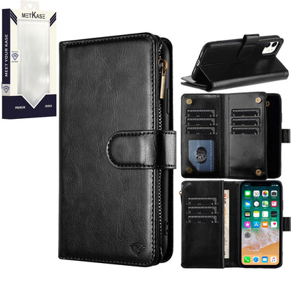 For Apple iPhone 16 Plus (6.7") Premium Leather Zipper Wallet with Credit Card Slots Money Pocket Luxury Clutch Pouch Stand & Strap Case Cover Black