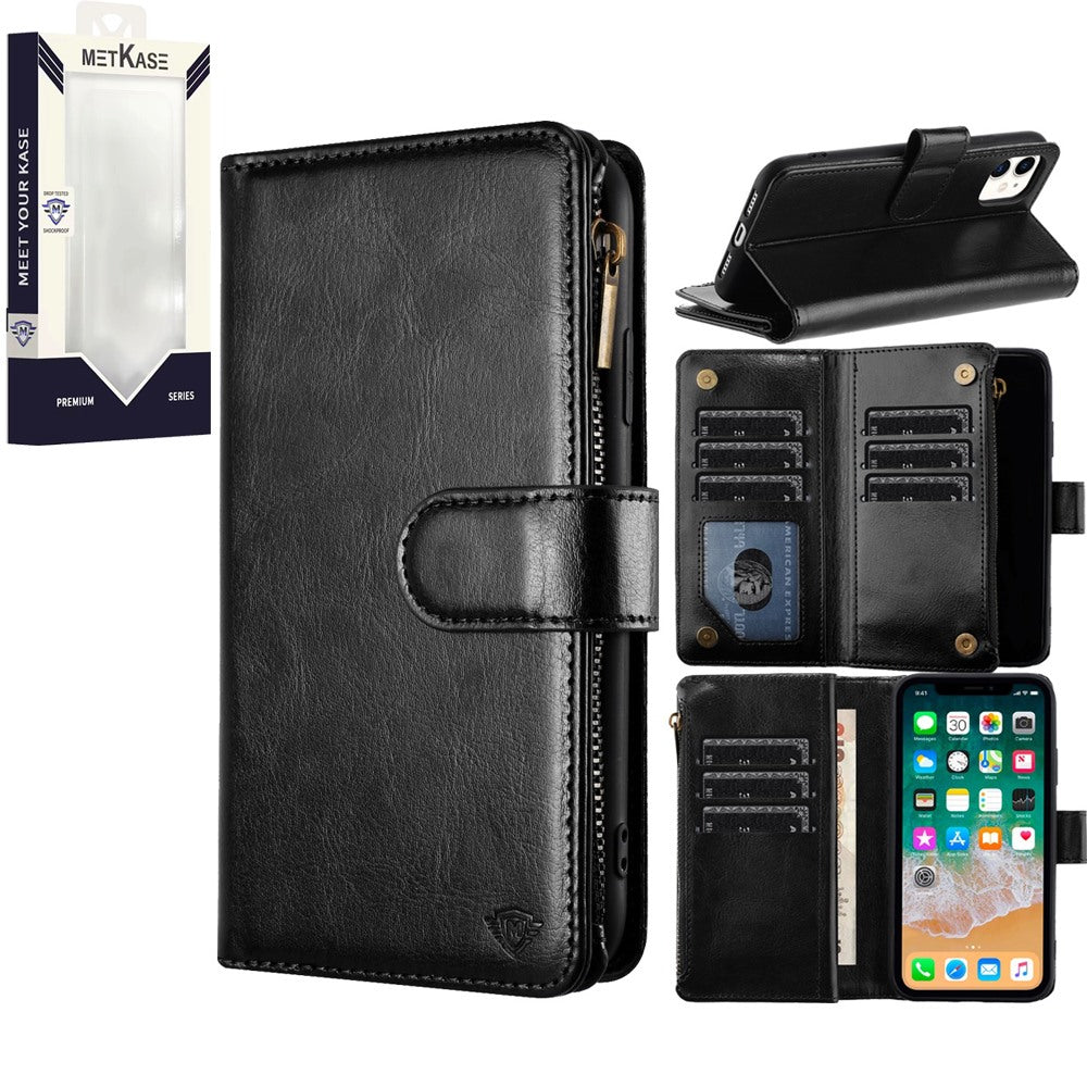 For Apple iPhone 16 Pro Max (6.9") Premium Leather Zipper Wallet with Credit Card Slots Money Pocket Luxury Clutch Pouch Stand & Strap Case Cover Black