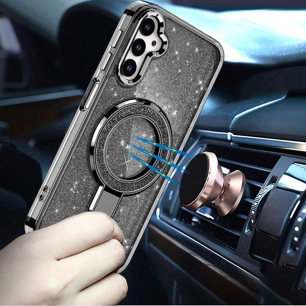 For Samsung Galaxy S26 Ultra Transparent Glitter Bling Case with Rotating Magnetic Ring Stand, Shockproof Hybrid Case Cover