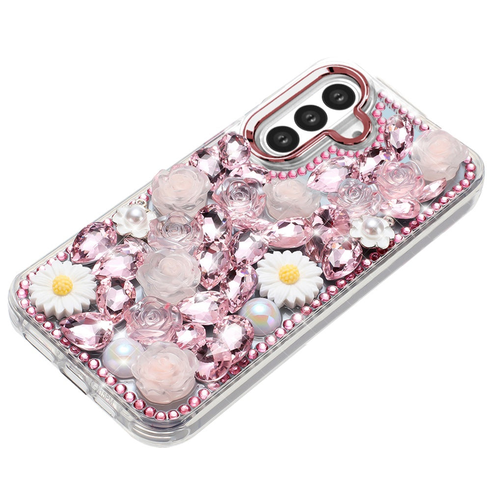 For Samsung Galaxy S26 Fashion Daisy Floral Series, Full 3D Bling Crystal Diamonds Sparkling Rhinestone Glitter Hybrid Design Case Cover Pink