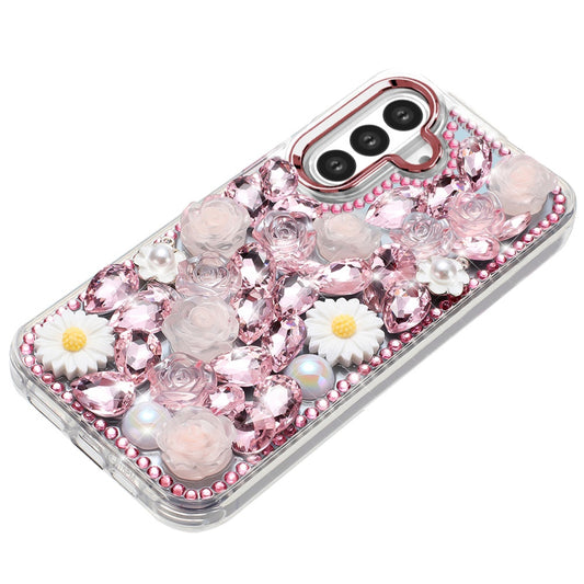For Samsung Galaxy S26 Fashion Daisy Floral Series, Full 3D Bling Crystal Diamonds Sparkling Rhinestone Glitter Hybrid Design Case Cover Pink