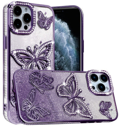 For Apple iPhone 11 Pro Max Luxury Butterfly Sparkle Glitter Diamond Crystal Rhinestone Shimmer Bling Plating Thick TPU Hard PC Case Cover