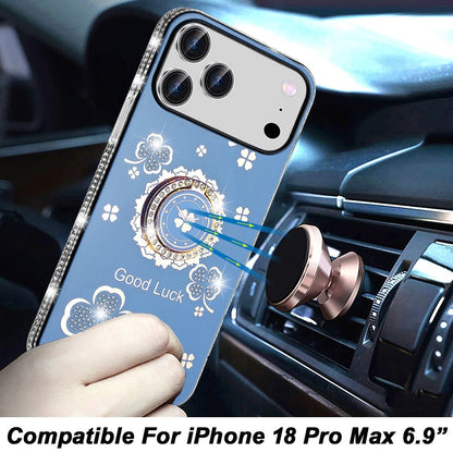 Phone Case for Apple iPhone 18 Pro Max Glitter Diamond Ring Stand Sparkle Rhinestone Edge AntiSlip Kickstand Luxury Fashion Bumper Shockproof Cover Blue