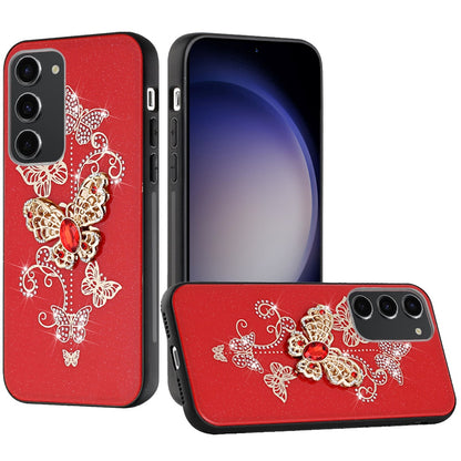 For Samsung Galaxy A06 Diamonds 3D Butterfly Bling Sparkly Glitter Ornaments Engraving Hybrid Metal Fashion Case Cover Red Garden Butterflies