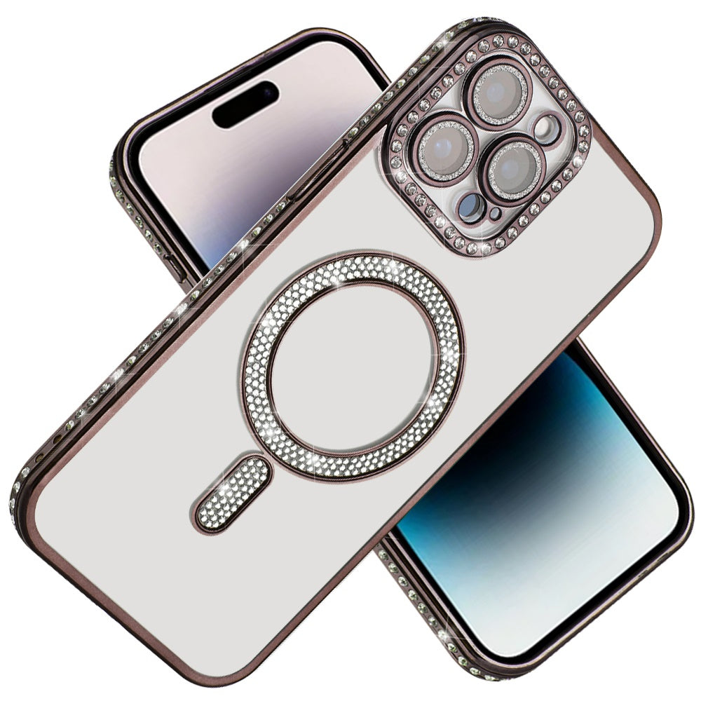 For Apple iPhone 14 /13 Bling Case with Diamond Magnetic Circle, Transparent Slim Shockproof Hybrid Slim Fit Case Cover