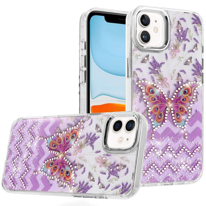 Phone Case for Apple iPhone 11 Butterfly Resin Epoxy Diamond Bling Metal Edge Shockproof Hybrid Luxury Protective Durable Stylish Fashion Grip Cover Dark Purple
