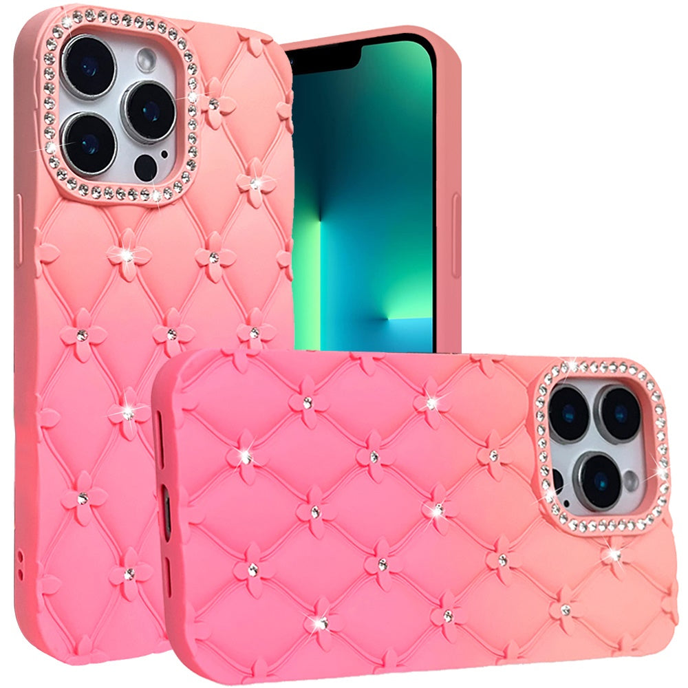For Apple iPhone 11 Fashion Flower Design Sparkle Glitter Shimmer Rhinestone Bling Floral Accents, Leather Texture TPU Case Cover Orange /Pink
