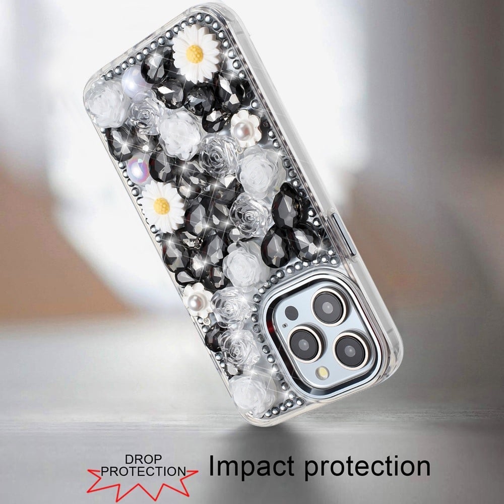 Phone Case for iPhone 15 Pro (6.1") Full Bling Rhinestone Glitter Floral Luxury Hybrid Shockproof Stylish Sparkling Protective Designer Ornament Cover