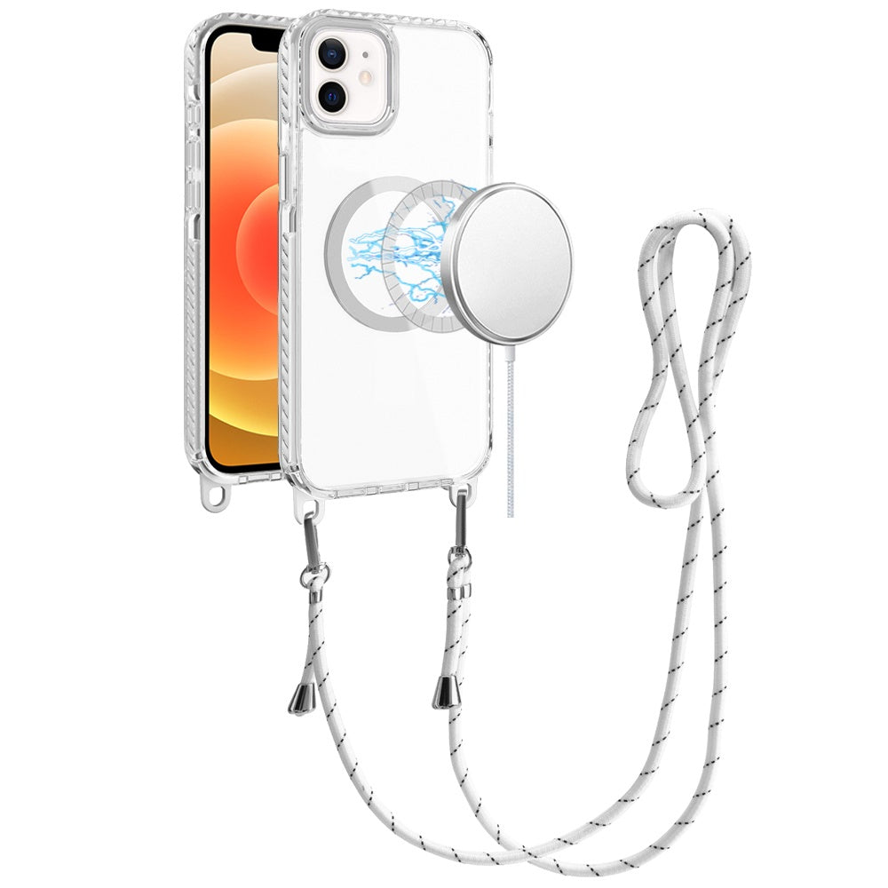 For Apple iPhone 11 Clear Magnetic Frame PC Back Shockproof Protective Case with Detachable Lanyard Strap, Compatible with MagSafe Case Cover