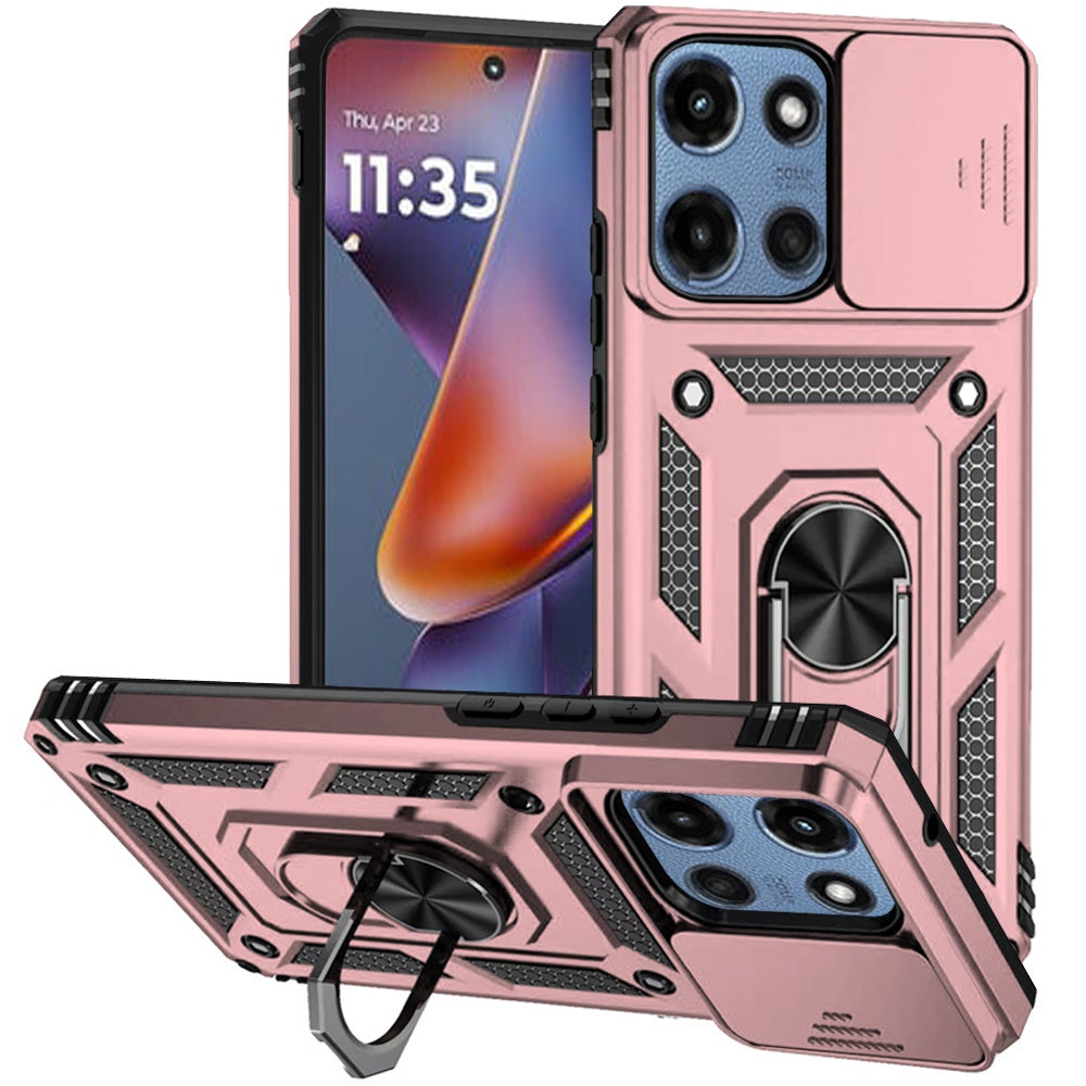 For Motorola Moto G 5G 2025 Hybrid Ring Shockproof with 360° Rotate Ring Kickstand, Camera Lens Protection, Soft Edge Bumper Case Cover Rose Gold