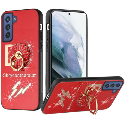 For Samsung Galaxy S21+ / S21 Plus Diamonds 3D Fashion Floral Bling Sparkly Glitter Ornaments Engraving Hybrid with Ring Stand Case Cover Red Good Luck Floral