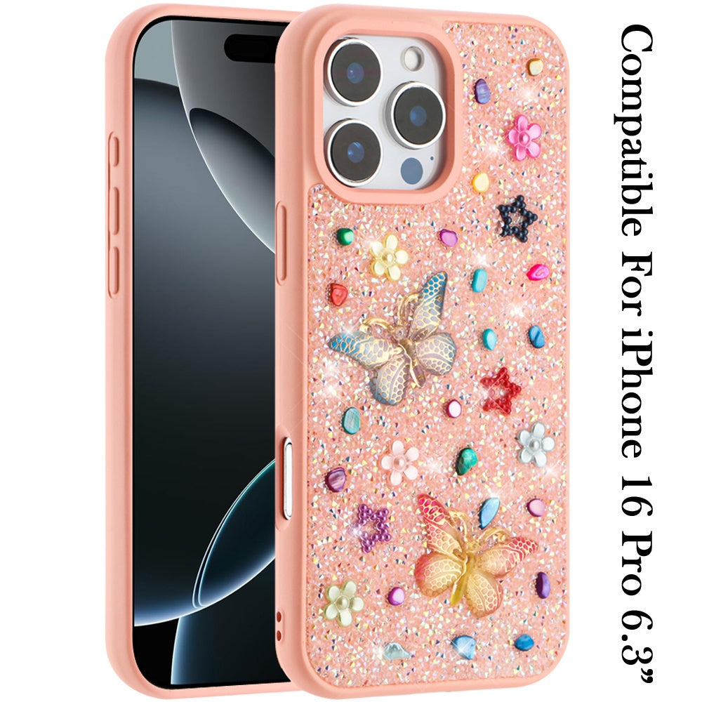 Phone Case for Apple iPhone 16 Pro 3D Butterfly Diamond Bling Glitter Shockproof Stylish Protective Luxury Hybrid Sparkly Durable Grip Design Cover
