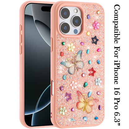 Phone Case for Apple iPhone 16 Pro 3D Butterfly Diamond Bling Glitter Shockproof Stylish Protective Luxury Hybrid Sparkly Durable Grip Design Cover