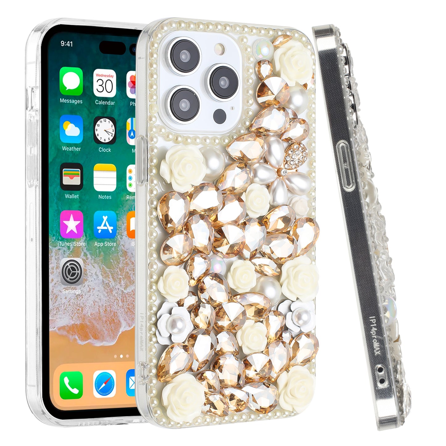 For iPhone 15 (6.1") Fashion Rose Flower Floral Bling Crystal 3D Full Diamonds Pearl Sparkle Rhinestone Glitter Hybrid Case Cover Yellow