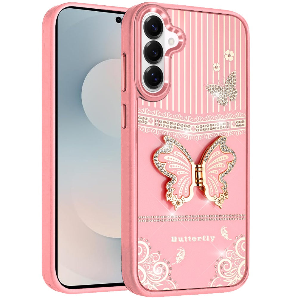 For Samsung Galaxy S26 Glitter 3D Butterfly Design Bling Metallic Edge Hybrid Stand Drop Protection TPU Shockproof Case Cover