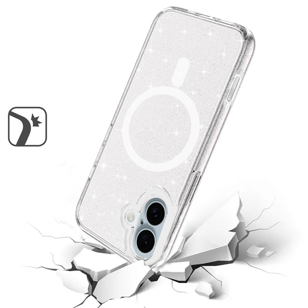 For iPhone 16 (6.1") MagSafe Compatible Glitter Sparkle Bling Hybrid Case with Magnetic Circle, Slim TPU & Hard PC Frame Case Cover Clear