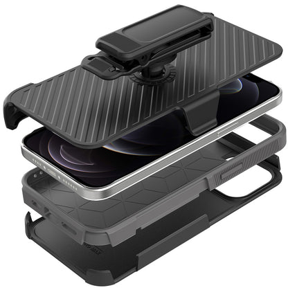 For Apple iPhone 16 (6.1") Combo Hybrid lined with Belt Clip Holster Armor Shockproof Rugged Textured 2in1 Non Slip Tough Case Cover Black / Black