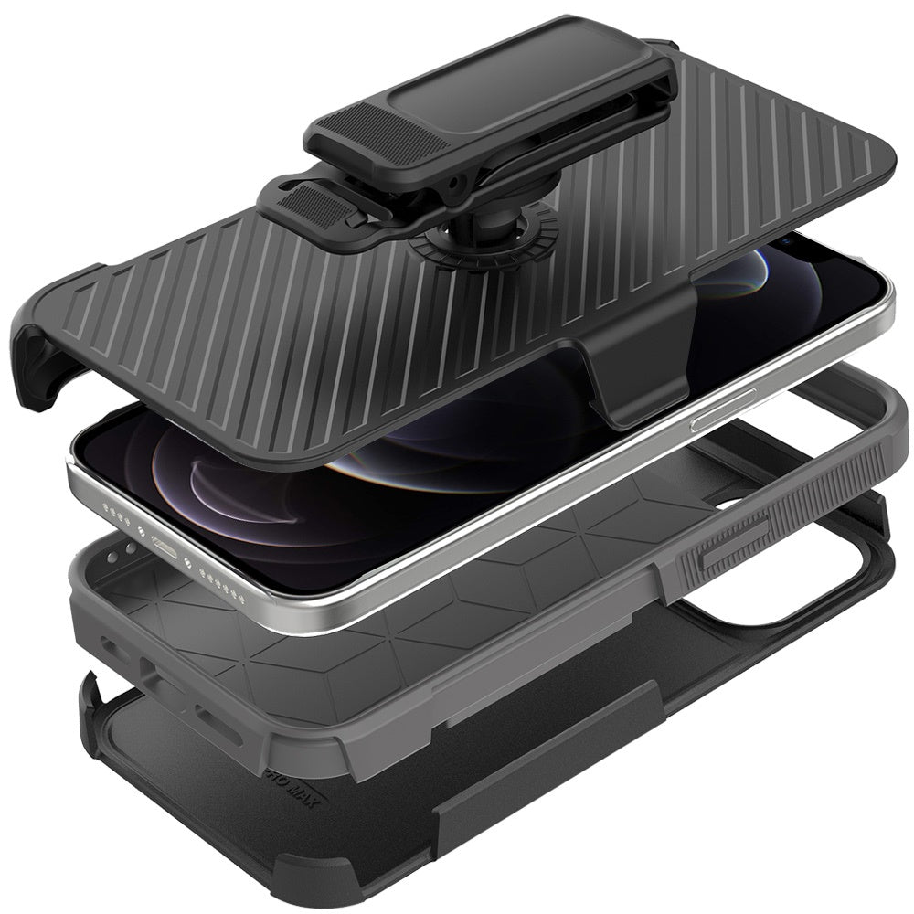 For Apple iPhone 16 Plus (6.7") Combo Hybrid lined with Belt Clip Holster Armor Shockproof Rugged Textured 2in1 Non Slip Tough Case Cover Black / Black