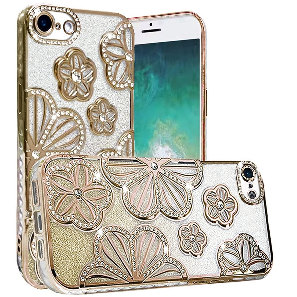 For Apple iPhone 17E /16E Luxury Flower Design Sparkle Glitter Diamond Rhinestone Shimmer Bling Plating Thick TPU Hard PC Case Cover