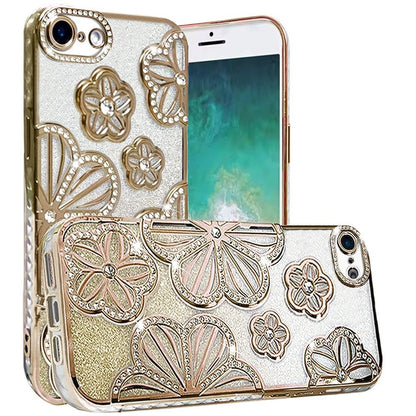 For Apple iPhone 17E /16E Luxury Flower Design Sparkle Glitter Diamond Rhinestone Shimmer Bling Plating Thick TPU Hard PC Case Cover