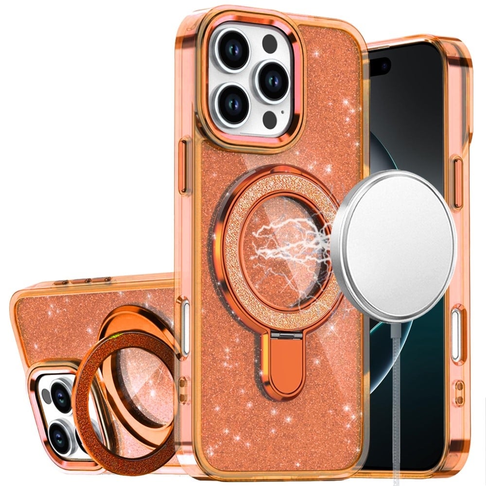 For iPhone 16 Pro Max (6.9") Transparent Glitter Bling Case with Rotating Magnetic Ring Stand, Shockproof Hybrid Protector Light Pink
