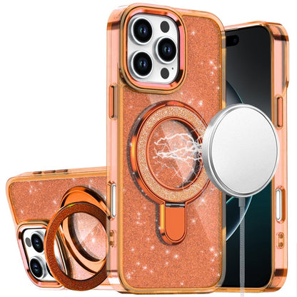 For iPhone 16 Pro Max (6.9") Transparent Glitter Bling Case with Rotating Magnetic Ring Stand, Shockproof Hybrid Protector Light Pink
