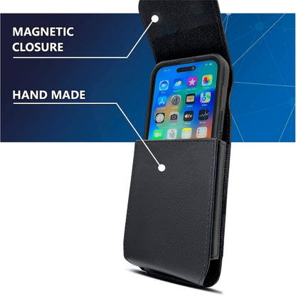 For Apple iPhone 16 Plus (6.7") Universal PU Leather Vertical Phone Pouch Holder Carrying Case [Magnetic Closure] With Fixed Belt Clip Holster Hybrid [Black]