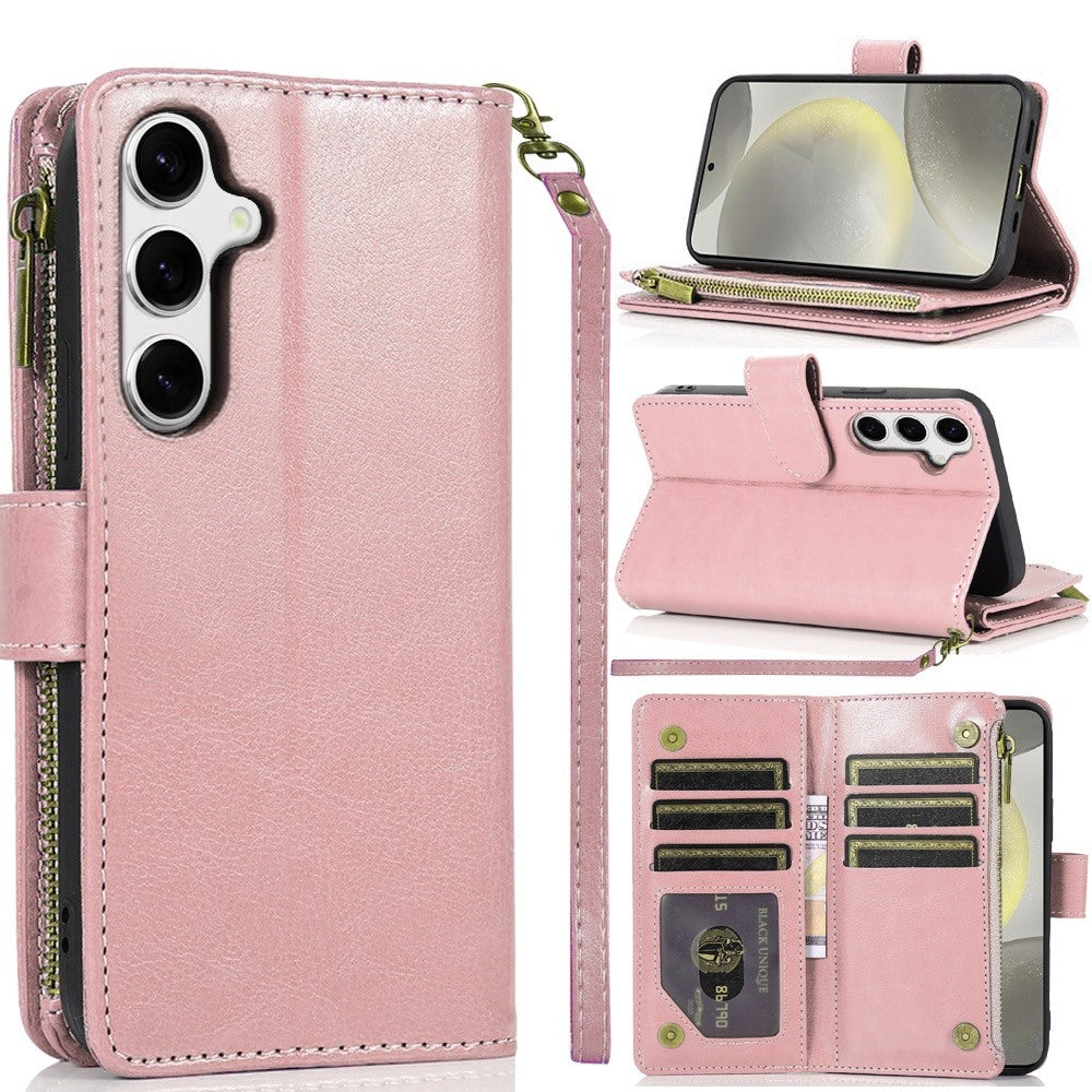 For Samsung Galaxy S25 Ultra Leather Wallet Case with Zipper, 9 Card Slots, Cash Pocket, Stand & Strap, Clutch Pouch Design Case Cover Rose Gold