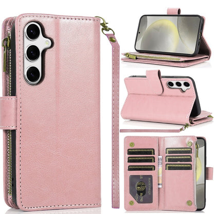 For Samsung Galaxy S25 Ultra Leather Wallet Case with Zipper, 9 Card Slots, Cash Pocket, Stand & Strap, Clutch Pouch Design Case Cover Rose Gold