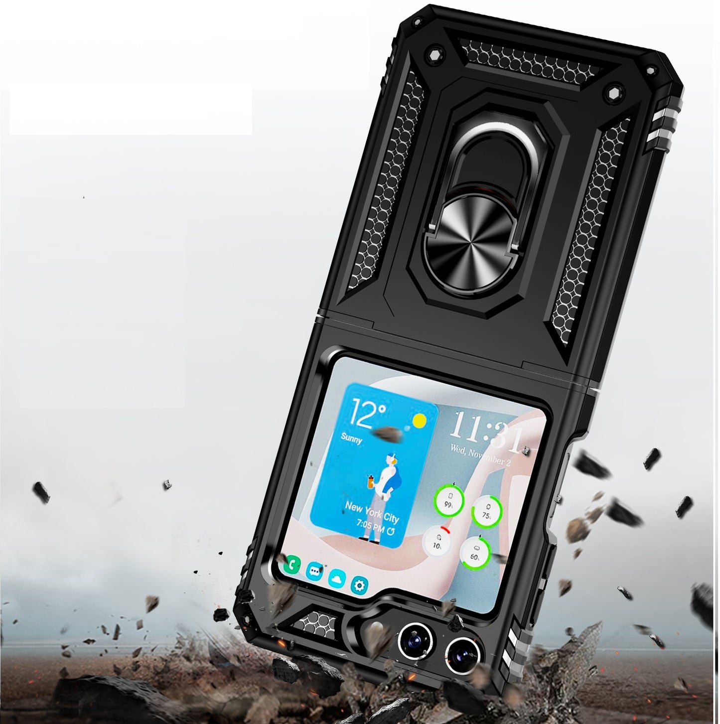 For Samsung Galaxy Z Fold 7 Hybrid Shockproof Protective with Magnetic 360° rotating Ring Kickstand, TPU Rubber PC Case Cover Black