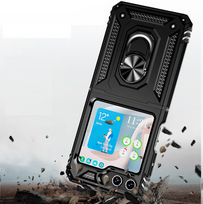 For Samsung Galaxy Z Flip 7 FE Hybrid Shockproof Protective with Magnetic 360° rotating Ring Kickstand, TPU Rubber PC Case Cover Black
