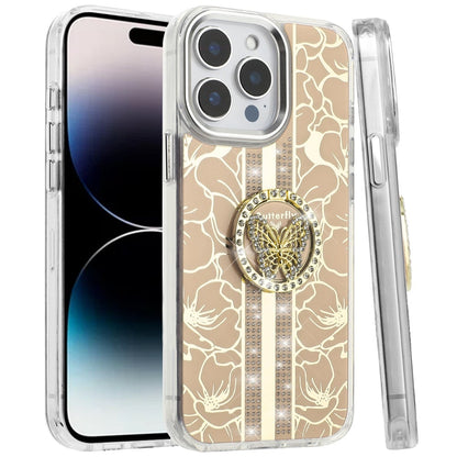 Phone Case for Apple iPhone 14 Pro Max Floral Butterfly Ring Stand Glitter Bling Shockproof Hybrid Luxury Fashion Protective Anti Slip Durable Grip Cover