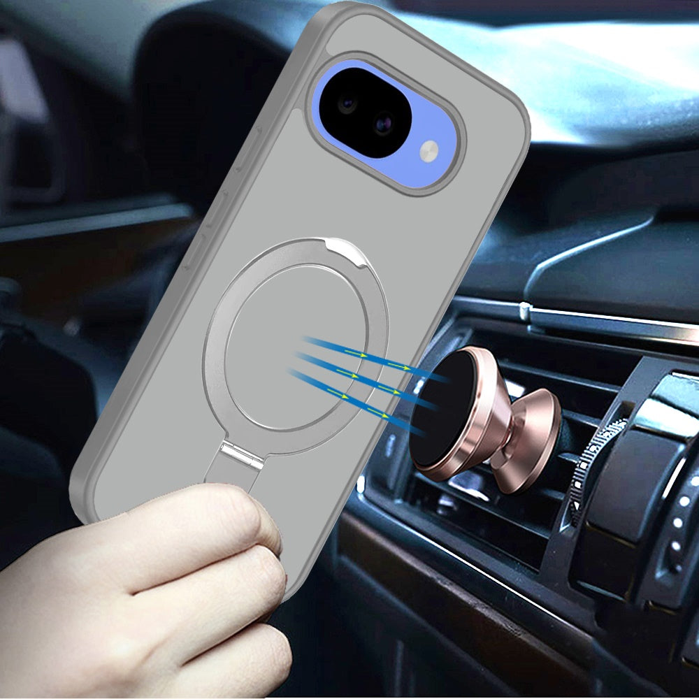 Phone Case for Google Pixel 10A Magnetic Ring Stand Full Rotation Matte Shockproof Grip Anti Slip Durable Camera Protection Hybrid Cover Grey