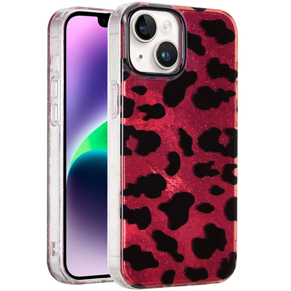 Phone Case for iPhone 14/13 Glitter Leopard, Fashion Design Animal Skin Print Slim IMD TPU Dual Layer Shockproof Protective Cover