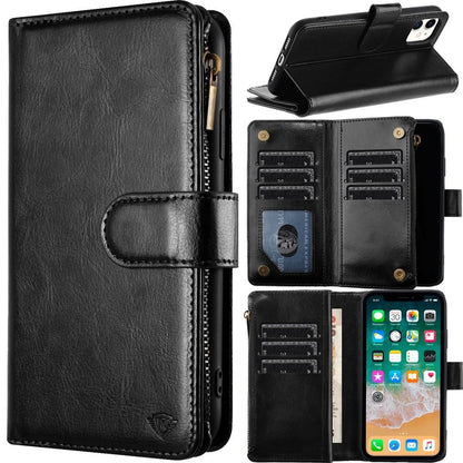 For Apple iPhone 16 Plus (6.7") Premium Leather Zipper Wallet with Credit Card Slots Money Pocket Luxury Clutch Pouch Stand & Strap Case Cover Black