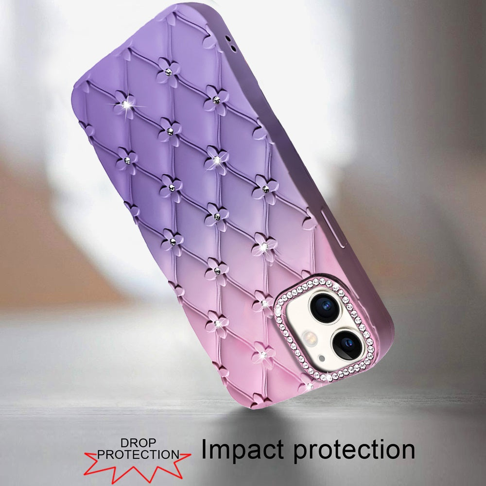 For Apple iPhone 11 Fashion Flower Design Sparkle Glitter Shimmer Rhinestone Bling Floral Accents, Leather Texture TPU Case Cover Light Pink /Light Purple