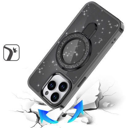 For Samsung Galaxy S26 Ultra Transparent Glitter Bling Case with Rotating Magnetic Ring Stand, Shockproof Hybrid Case Cover